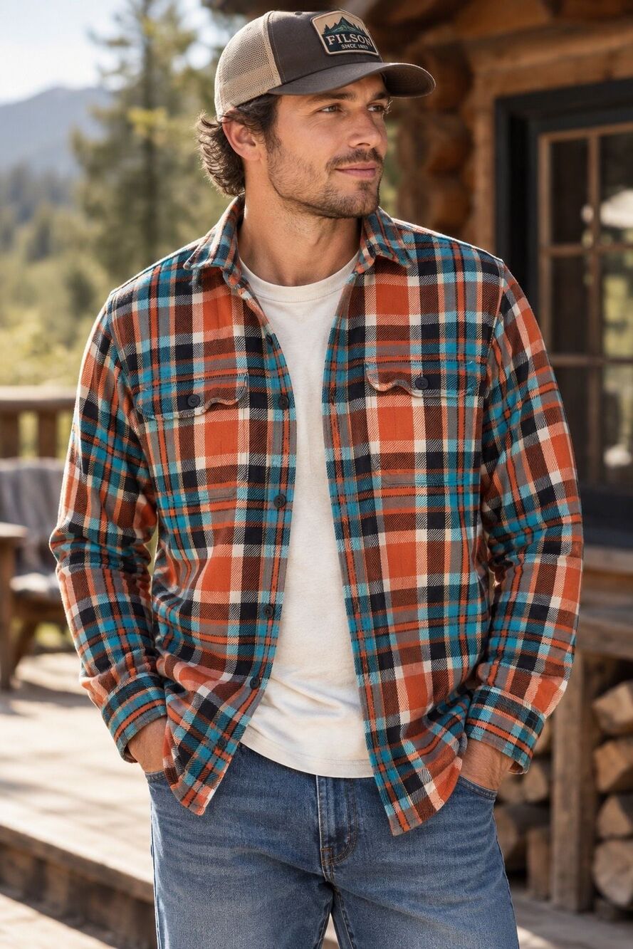 American Eagle Blue & Orange Plaid Button Front Flannel Top Men’s Small